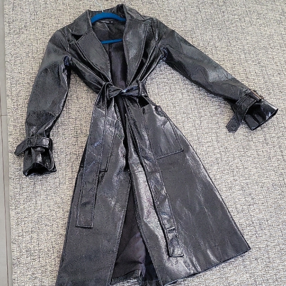 Shiny Black  MATRIX STYLE Trench Coat With Faux Fur  Collar 2